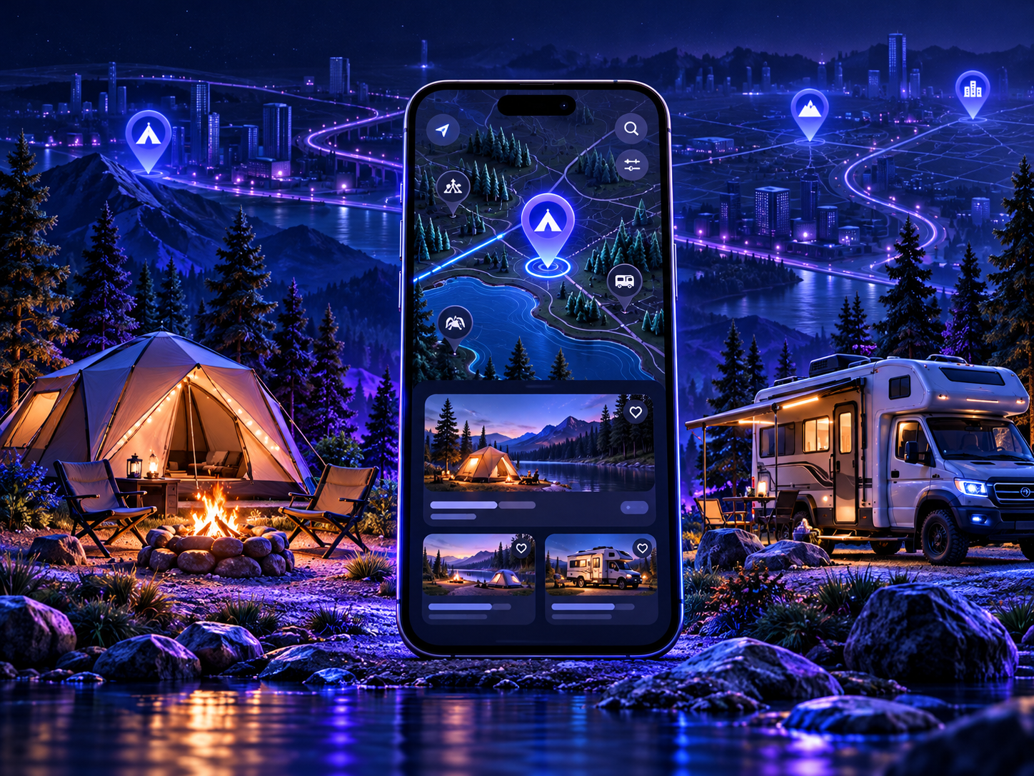 Camping App Development mobile application concept