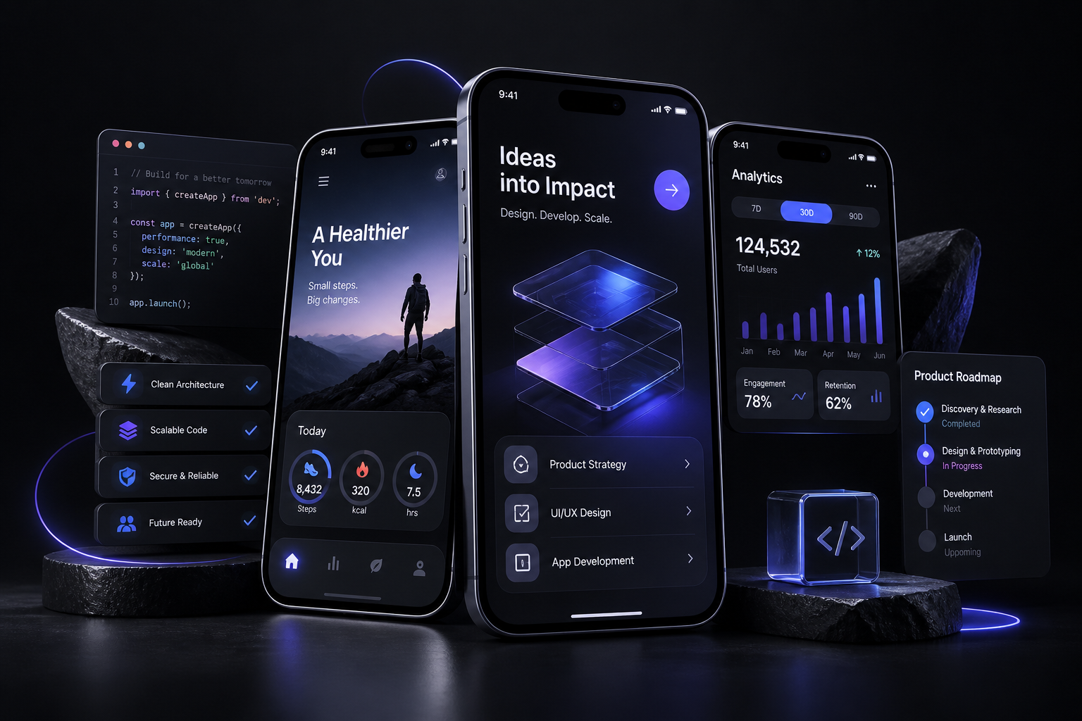 Mobile app development company visual with app screens and product roadmap